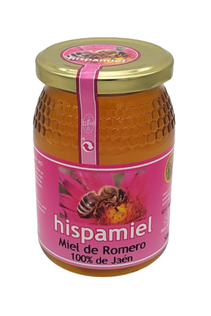 Tarro de Miel de Romero Hispamiel, miel clara y floral, perfecta para endulzar de manera natural.