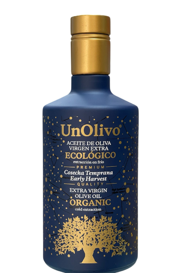 Botella de Unolivo Picual Ecológico Premium – Aceite de oliva virgen extra verde esmeralda ecológico.